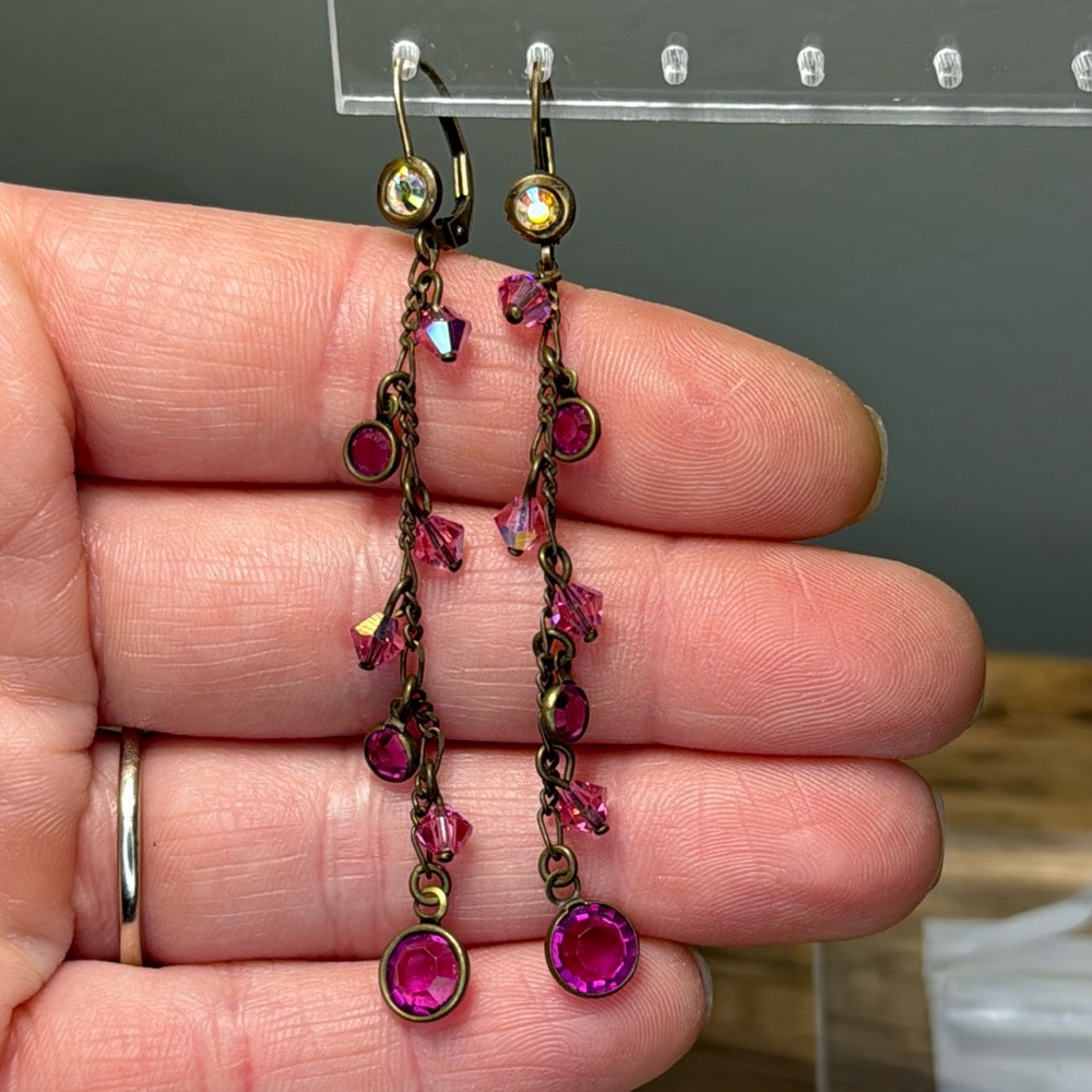 14k gold aura borealis bezel dangle earrings - Picture 1 of 3